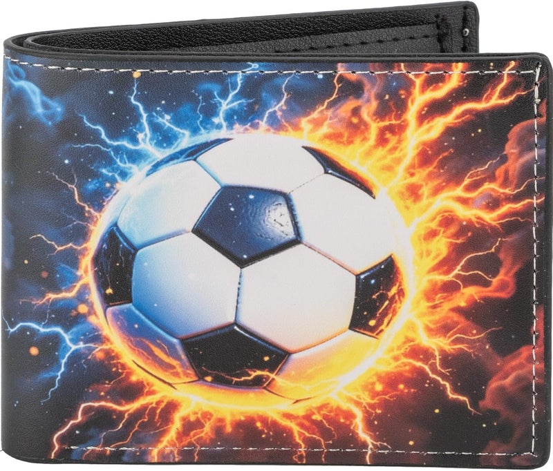 Fonwill Boys Wallet for Kids, Cool Soccer Bifold Rfid Blocking Leather Wallet 4 5 6 7 8 9 10 11 12 Ages, Novelty Kids Wallet with Zipper Coin Pocket for Boys Teen Girls Birthday Christmas Gifts - Image 1